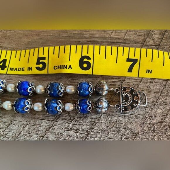 Vintage Bracelet Women’s 7” Sterling Silver 925 Blue Lapis Lazuli Pearls - Picture 5 of 5